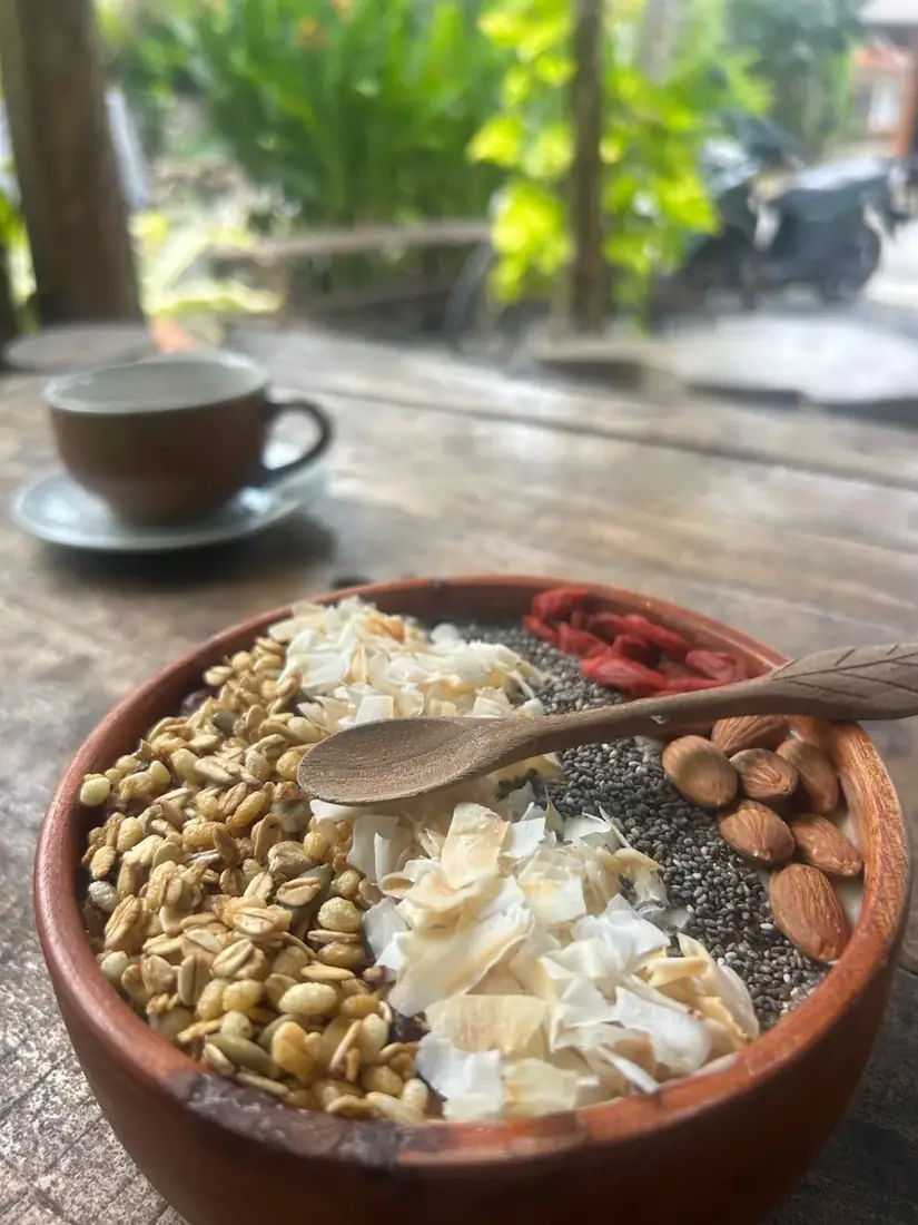 Smoothie bowl and coffee for breakfast